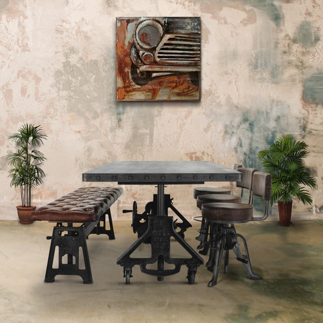 Otis Steel Dining Table - Adjustable Height - Casters - Metal Top - Rustic Deco