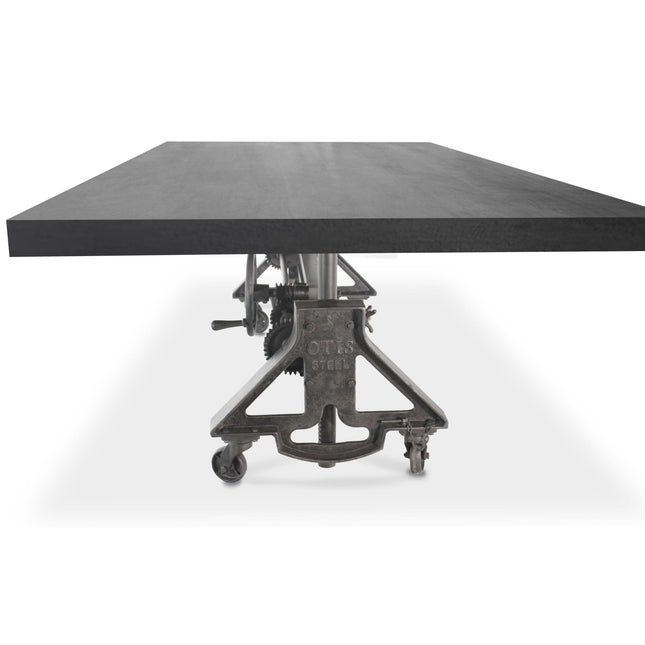 Otis Steel Dining Table - Adjustable Height Iron Base - Casters - 8ft Ebony Top - Rustic Deco