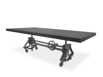 Otis Steel Dining Table - Adjustable Height Iron Base - Casters - 8ft Ebony Top - Rustic Deco
