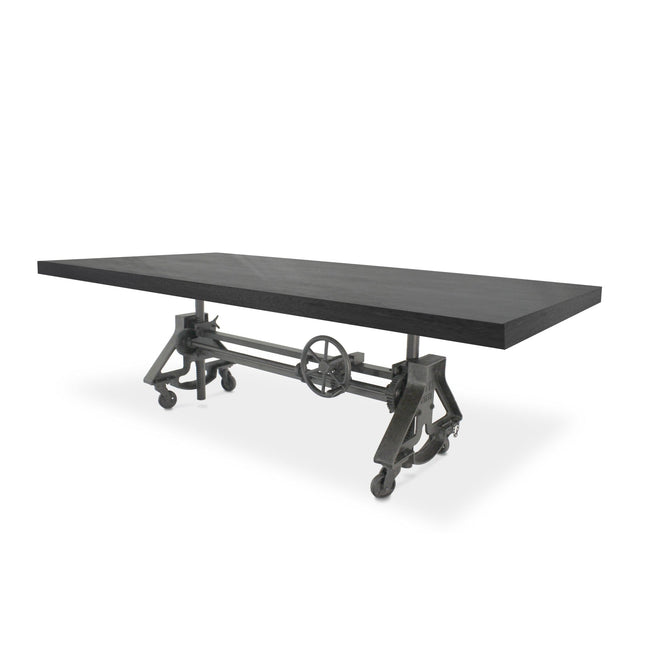 Otis Steel Dining Table - Adjustable Height Iron Base - Casters - 8ft Ebony Top - Rustic Deco