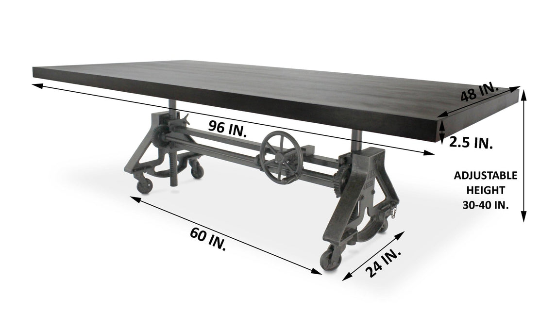 Otis Steel Dining Table - Adjustable Height Iron Base - Casters - 8ft Ebony Top - Rustic Deco