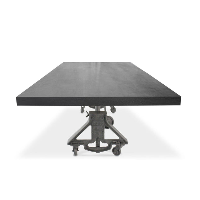 Otis Steel Dining Table - Adjustable Height Iron Base - Casters - 8ft Ebony Top - Rustic Deco