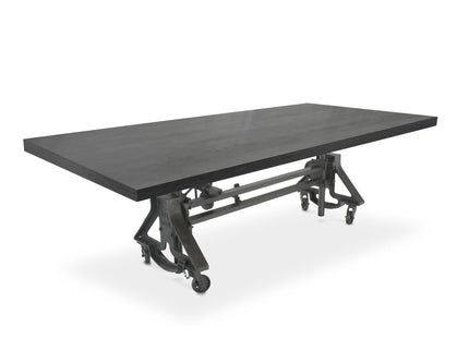 Otis Steel Dining Table - Adjustable Height Iron Base - Casters - 8ft Ebony Top - Rustic Deco