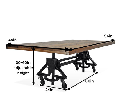 Otis Steel Dining Table - Adjustable Height Iron Base - Casters - 8ft Natural Rustic Top - Rustic Deco