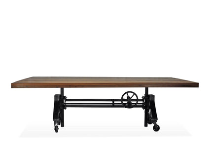 Otis Steel Dining Table - Adjustable Height Iron Base - Casters - 8ft Natural Rustic Top - Rustic Deco