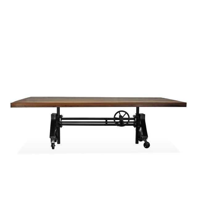 Otis Steel Dining Table - Adjustable Height Iron Base - Casters - 8ft Natural Rustic Top - Rustic Deco