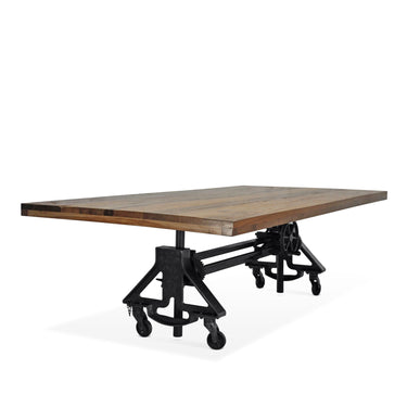 Otis Steel Dining Table - Adjustable Height Iron Base - Casters - 8ft Natural Rustic Top - Rustic Deco