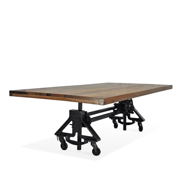 Otis Steel Dining Table - Adjustable Height Iron Base - Casters - 8ft Natural Rustic Top - Rustic Deco