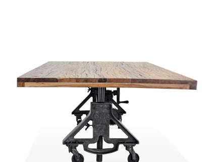Otis Steel Dining Table - Adjustable Height Iron Base - Casters - 8ft Natural Rustic Top - Rustic Deco