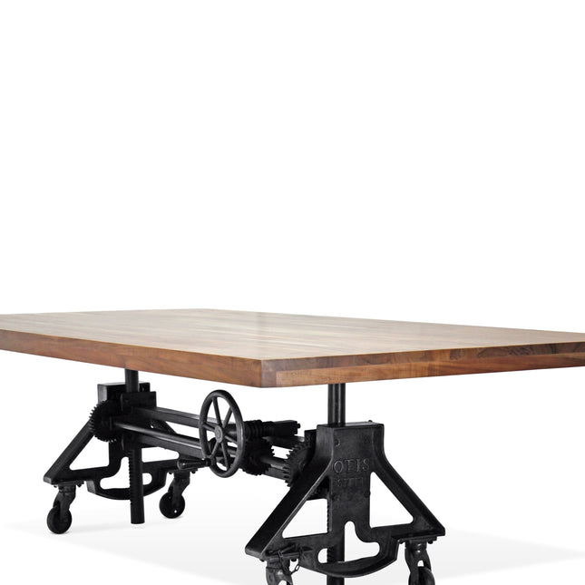 Otis Steel Dining Table - Adjustable Height Iron Base - Casters - 8ft Natural Top - Rustic Deco