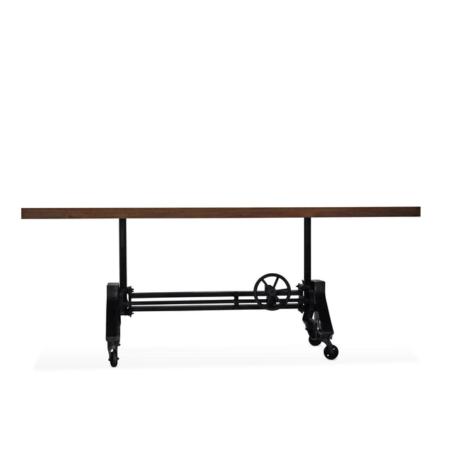 Otis Steel Dining Table - Adjustable Height Iron Base - Casters - 8ft Natural Top - Rustic Deco