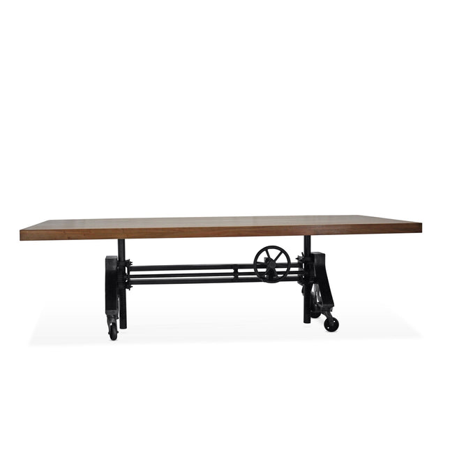 Otis Steel Dining Table - Adjustable Height Iron Base - Casters - 8ft Natural Top - Rustic Deco