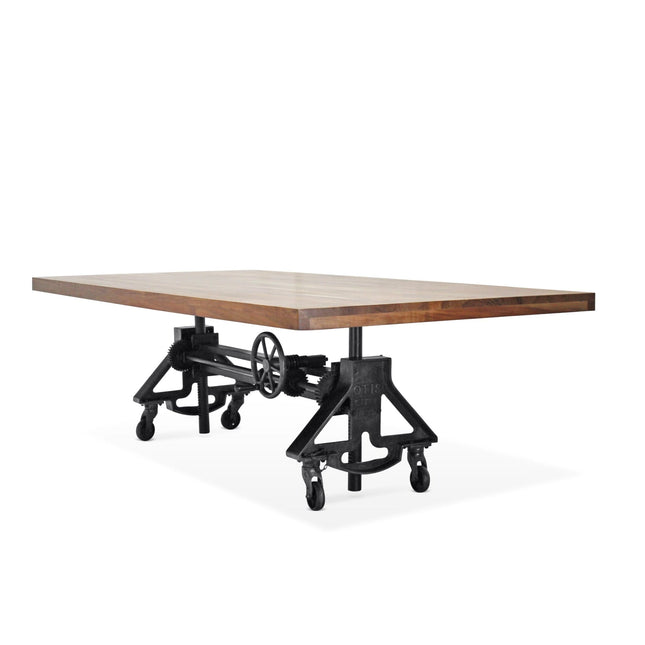 Otis Steel Dining Table - Adjustable Height Iron Base - Casters - 8ft Natural Top - Rustic Deco