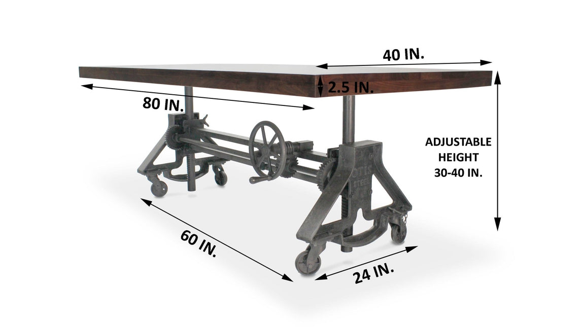 Otis Steel Dining Table - Adjustable Height - Iron Base - Casters - Walnut - Rustic Deco