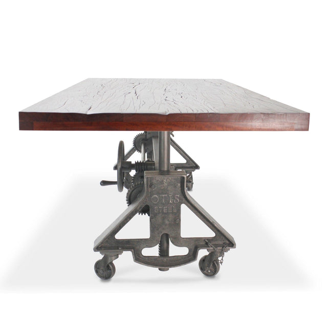 Otis Steel Dining Table - Adjustable Iron Base - Casters - Rustic Mahogany - Rustic Deco