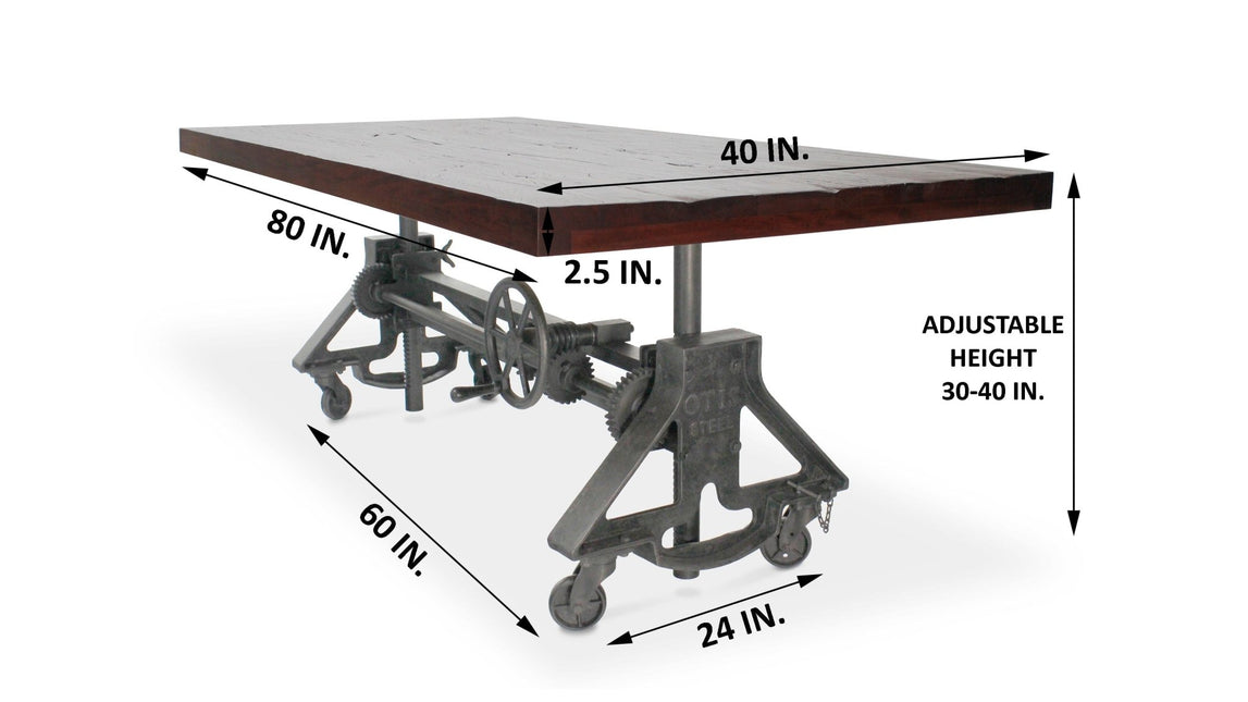 Otis Steel Dining Table - Adjustable Iron Base - Casters - Rustic Mahogany - Rustic Deco