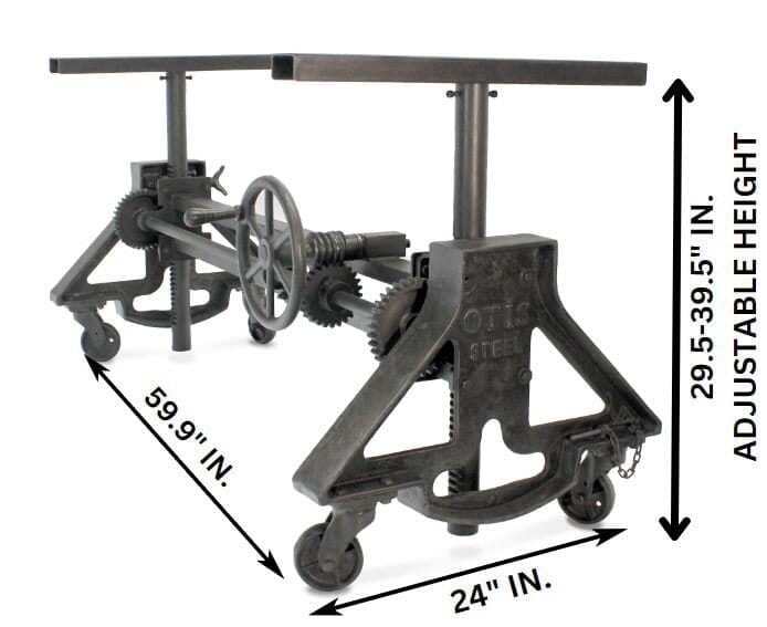 Otis Steel Dining Table Base - Adjustable Height - Iron Crank - Casters - DIY - Rustic Deco