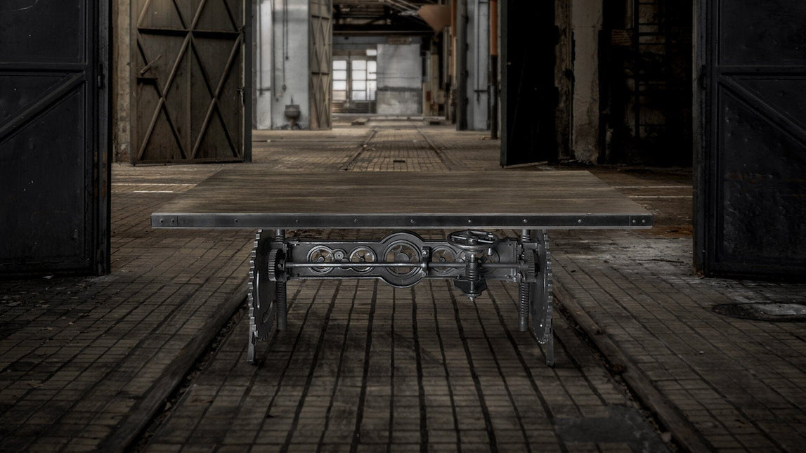 Steampunk Adjustable Dining Table - Iron Crank Base - Gray Top - Rustic Deco