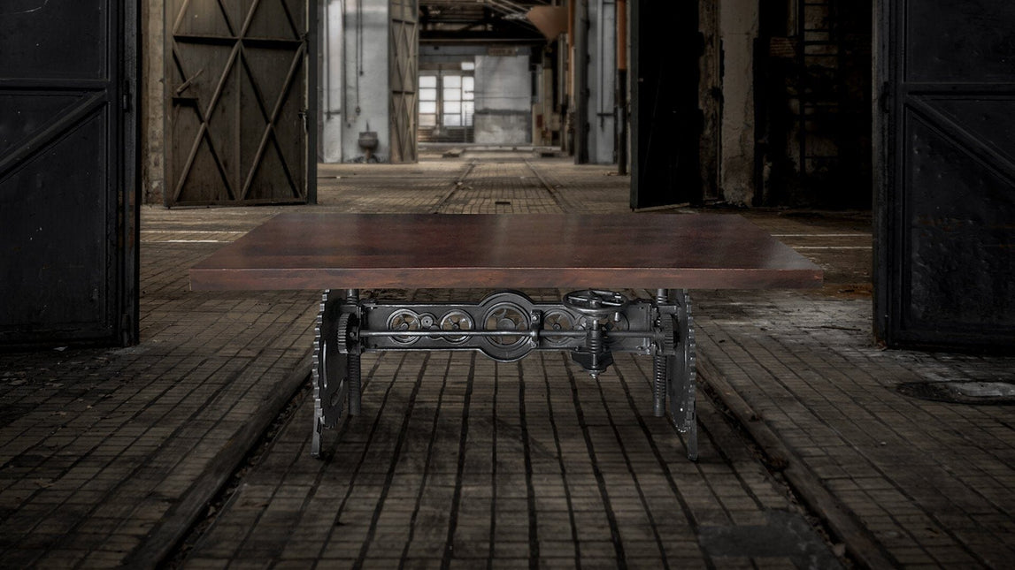 Steampunk Adjustable Dining Table - Iron Crank Base - Mahogany Top - Rustic Deco