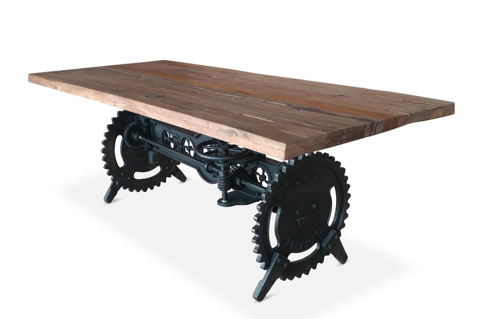 Steampunk Adjustable Dining Table - Iron Crank Base - Natural Finish - Rustic Deco