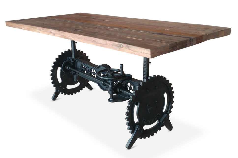 Steampunk Adjustable Dining Table - Iron Crank Base - Natural Finish - Rustic Deco