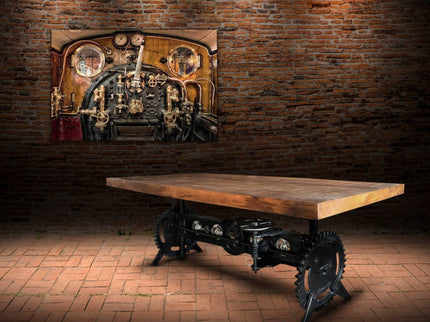 Steampunk Adjustable Dining Table - Iron Crank Base - Natural Finish - Rustic Deco