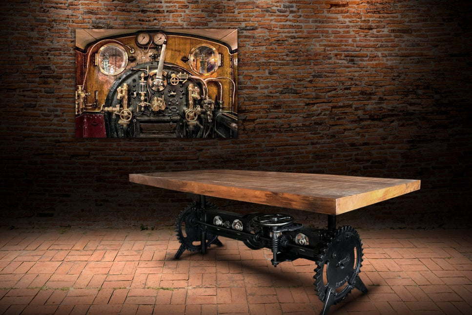 Steampunk Adjustable Dining Table - Iron Crank Base - Natural Finish - Rustic Deco