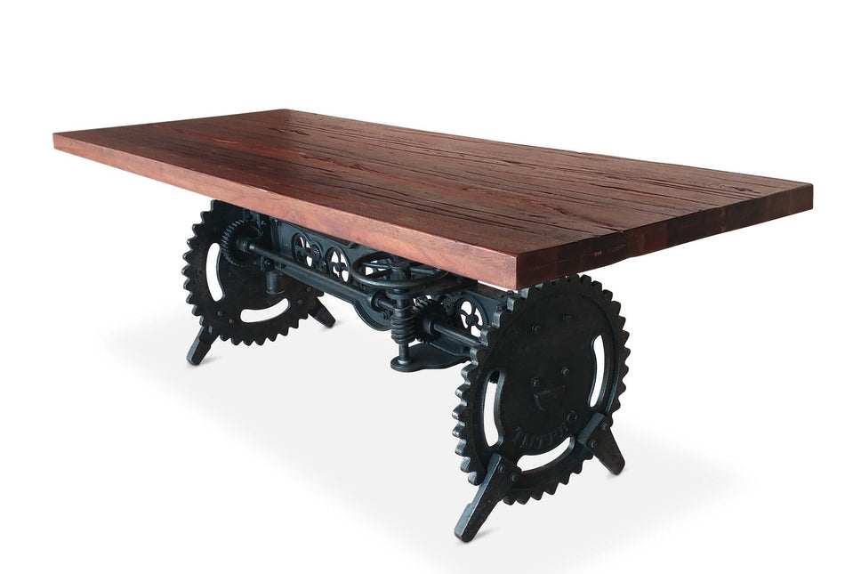 Steampunk Adjustable Dining Table - Iron Crank Base - Rustic Mahogany - Rustic Deco