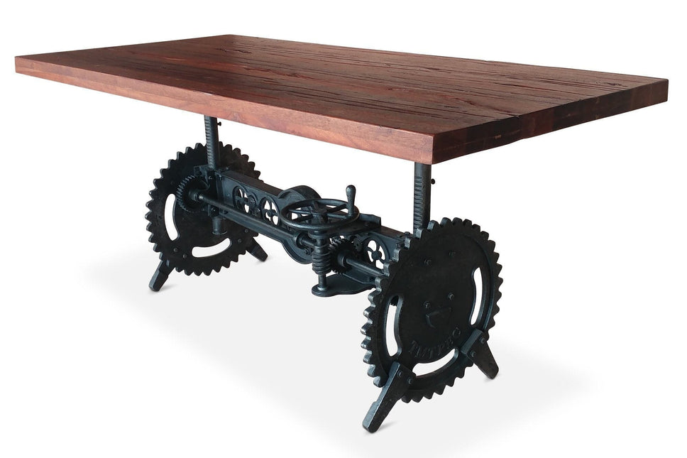 Steampunk Adjustable Dining Table - Iron Crank Base - Rustic Mahogany - Rustic Deco