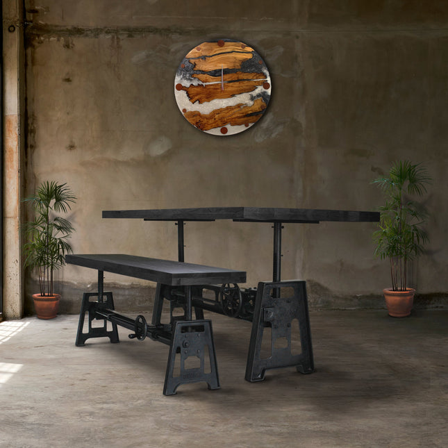 Venue Industrial Dining Table Set - Matching Bench - Wooden Benchtop - Rustic Deco